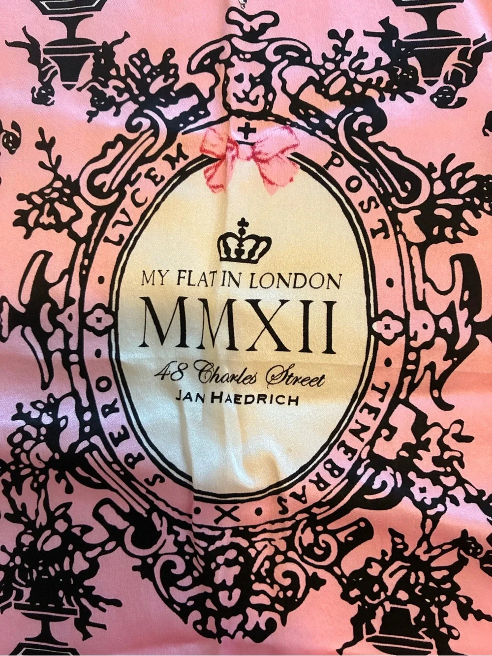 My Flat in London Pink Silk-Feel Decorative Scarf with Black Architectural Motif